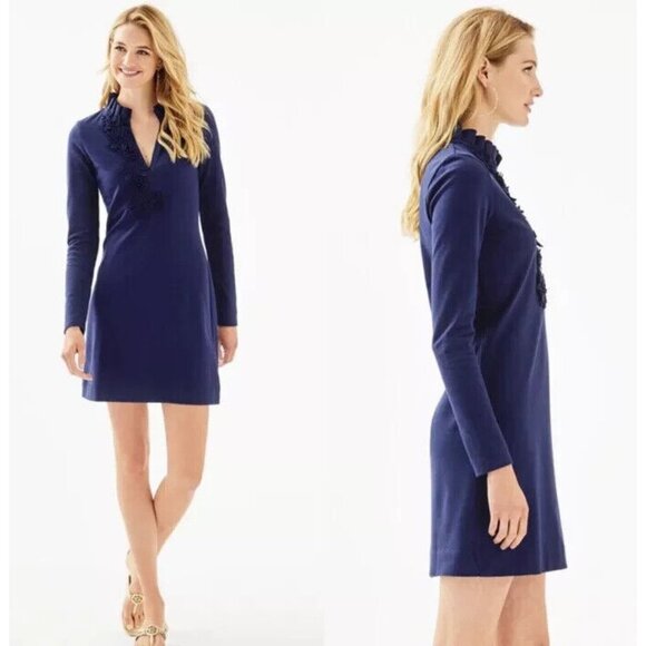 Lilly Pulitzer Dress Clary Polo Blue Long Sleeve V Neck Embroidered - Picture 2 of 10